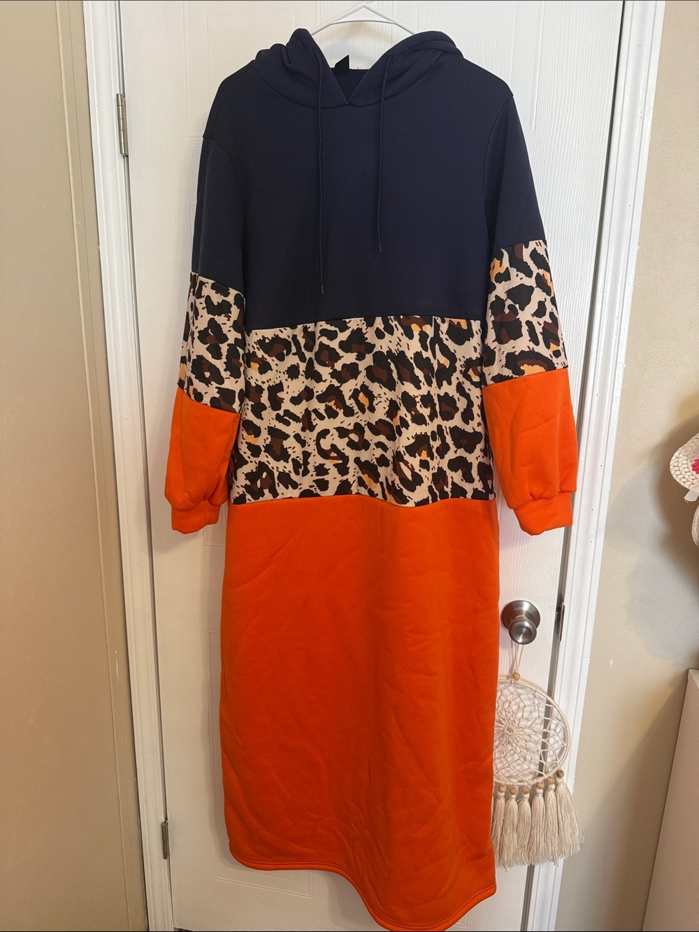 Colorblock Leopard Panel Hoodie Maxi Dress - Navy, Leopard & Orange